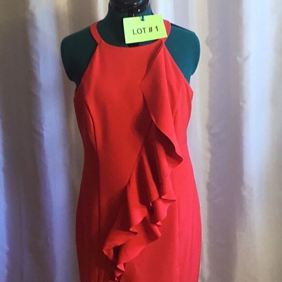 Sexy sleeveless red dress with front ruffle in size 14 by VINCE CAMUTO - Picture 3 of 14
